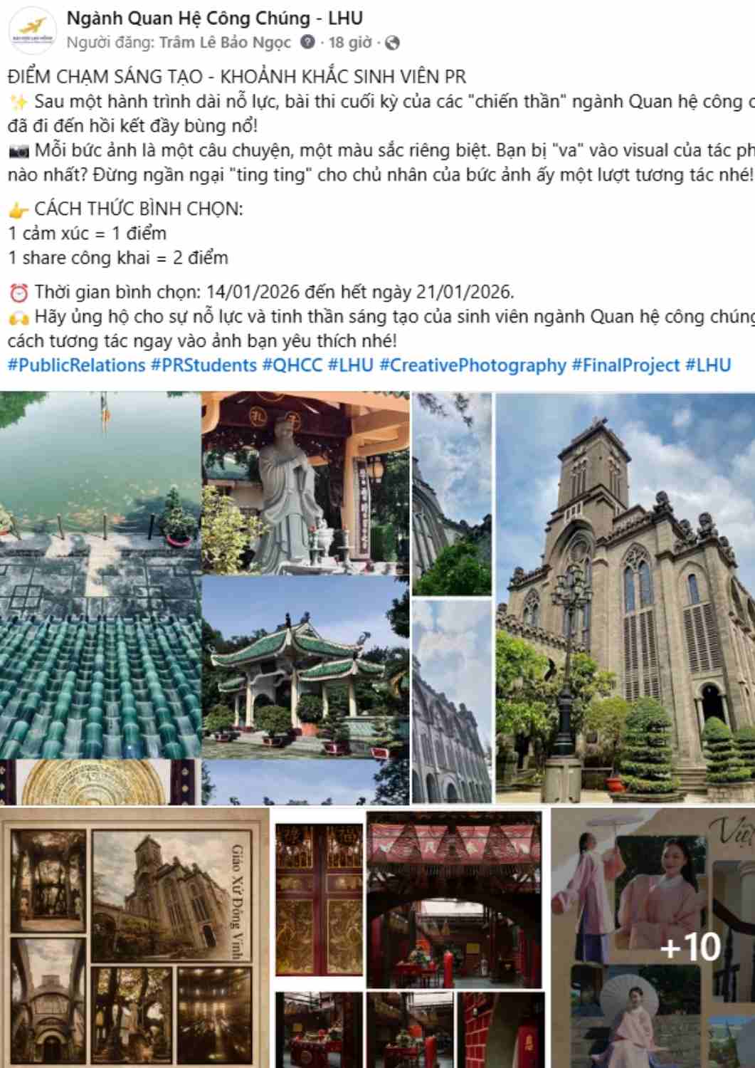 Bài viết cuộc thi "Điểm Chạm Sáng Tạo – Khoảnh Khắc Sinh Viên PR" trên fanpage chính thức của Ngành Quan Hệ Công Chúng - LHU. 